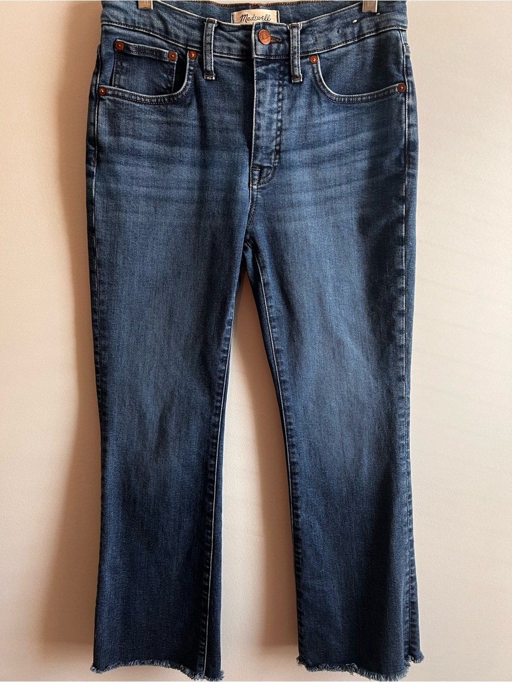 Madewell Blue Flare Crop Jeans with Raw Hem